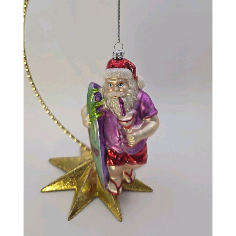 Surfer Santa Drinking Blown Glass Christmas‎ Ornament Surf Board Beach 5" Tall